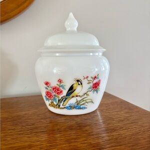 Elegant Avon Milkglass Jar with Floral and Bird Design
